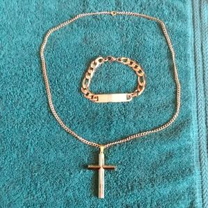 Elegant Gold Tone Cross Necklace and Bracelet Set